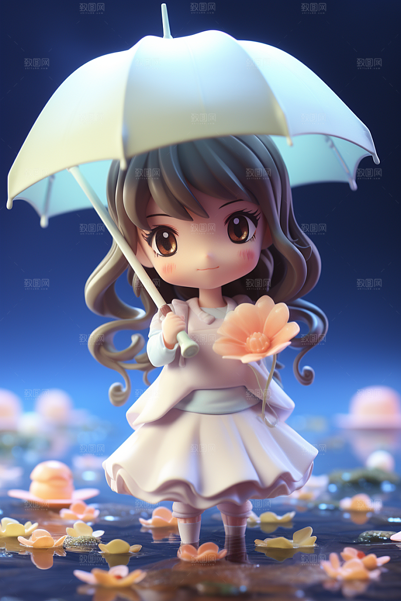 户外赏花小女孩唯美立体模型