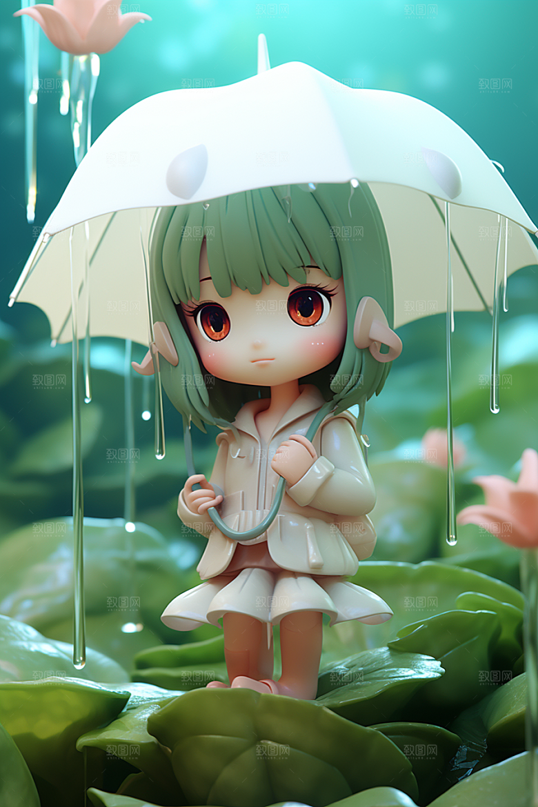 户外赏花小女孩春季立体模型