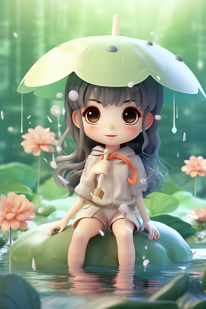 户外赏花小女孩可爱花季模型