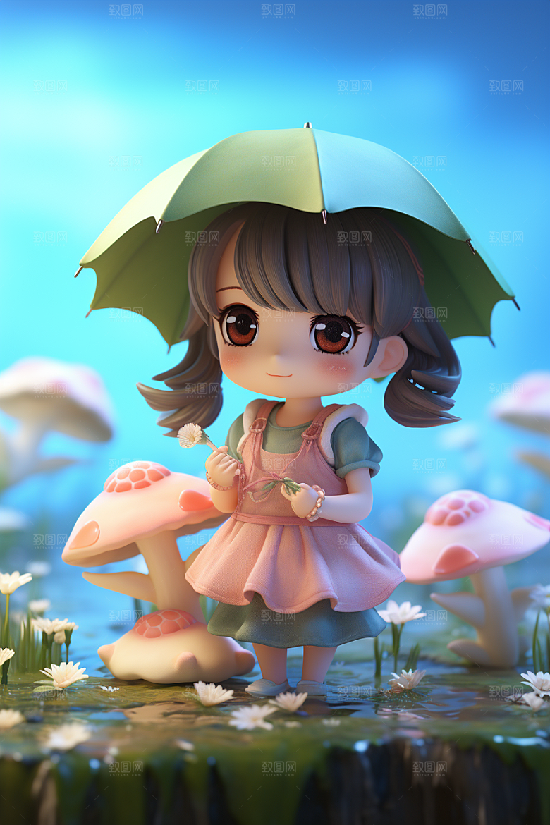 户外赏花小女孩人物立体模型