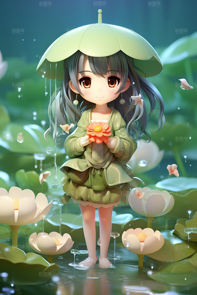 户外赏花小女孩郊游可爱模型