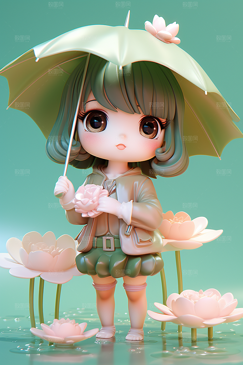 户外赏花小女孩春季小清新模型