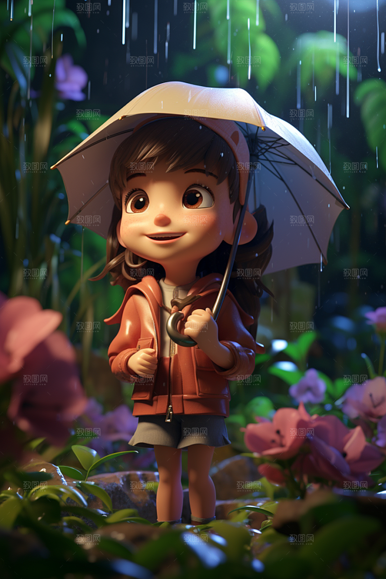 户外赏花小女孩3D立体模型