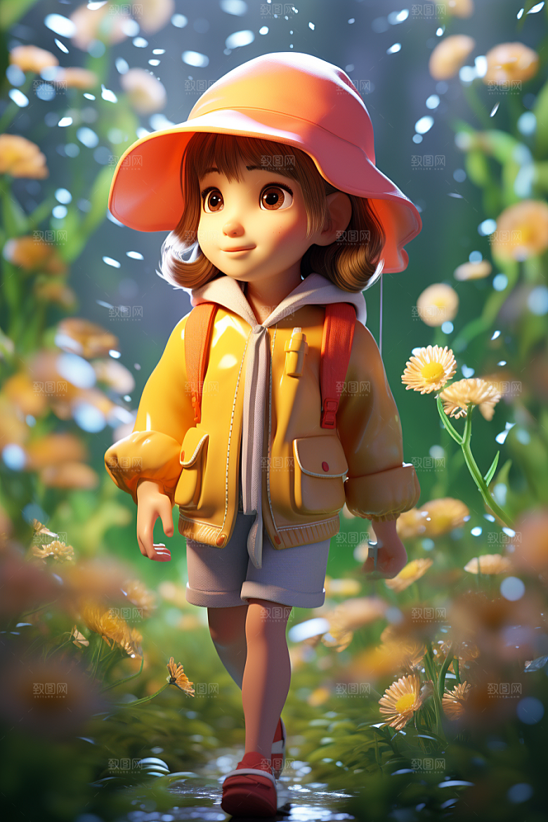 户外赏花小女孩春季唯美模型