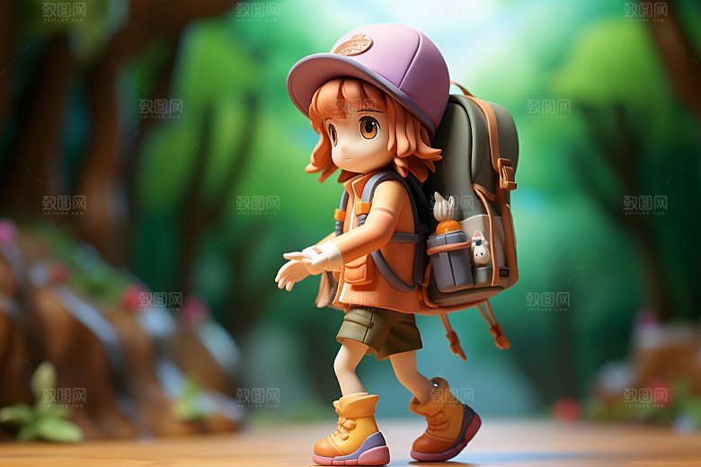 户外赏花小女孩人物踏青模型
