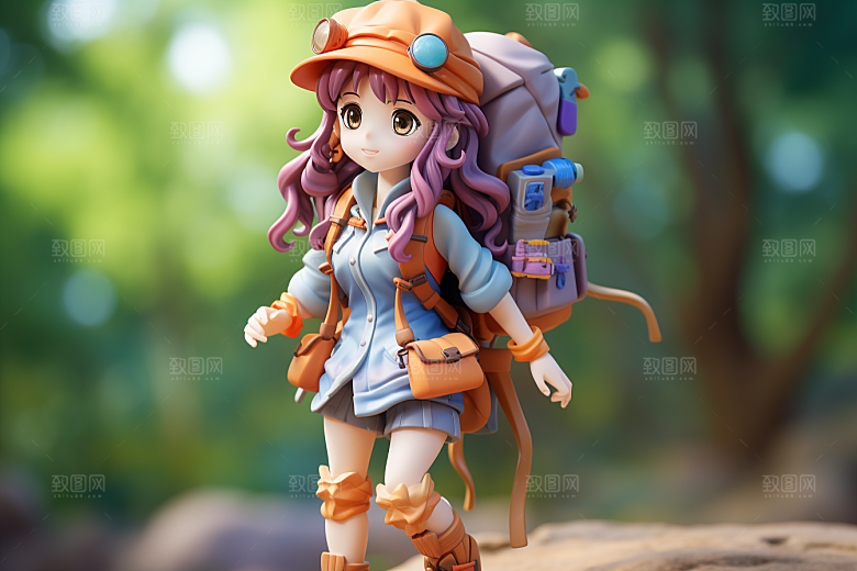 户外赏花小女孩春天立体模型