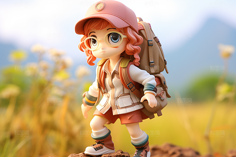 户外赏花小女孩3D郊游模型