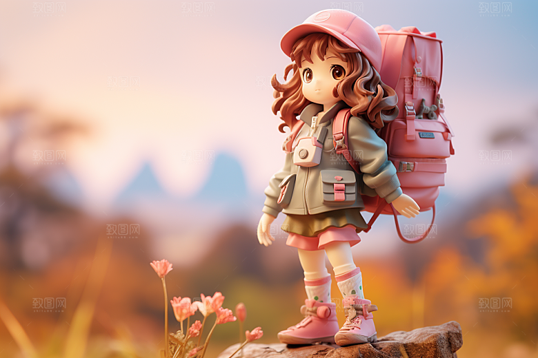 户外赏花小女孩人物春季模型