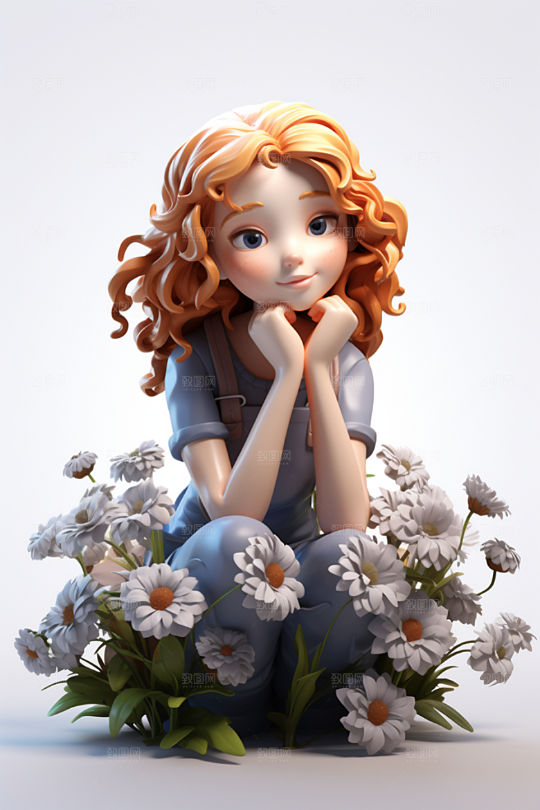 户外赏花小女孩花季3D模型