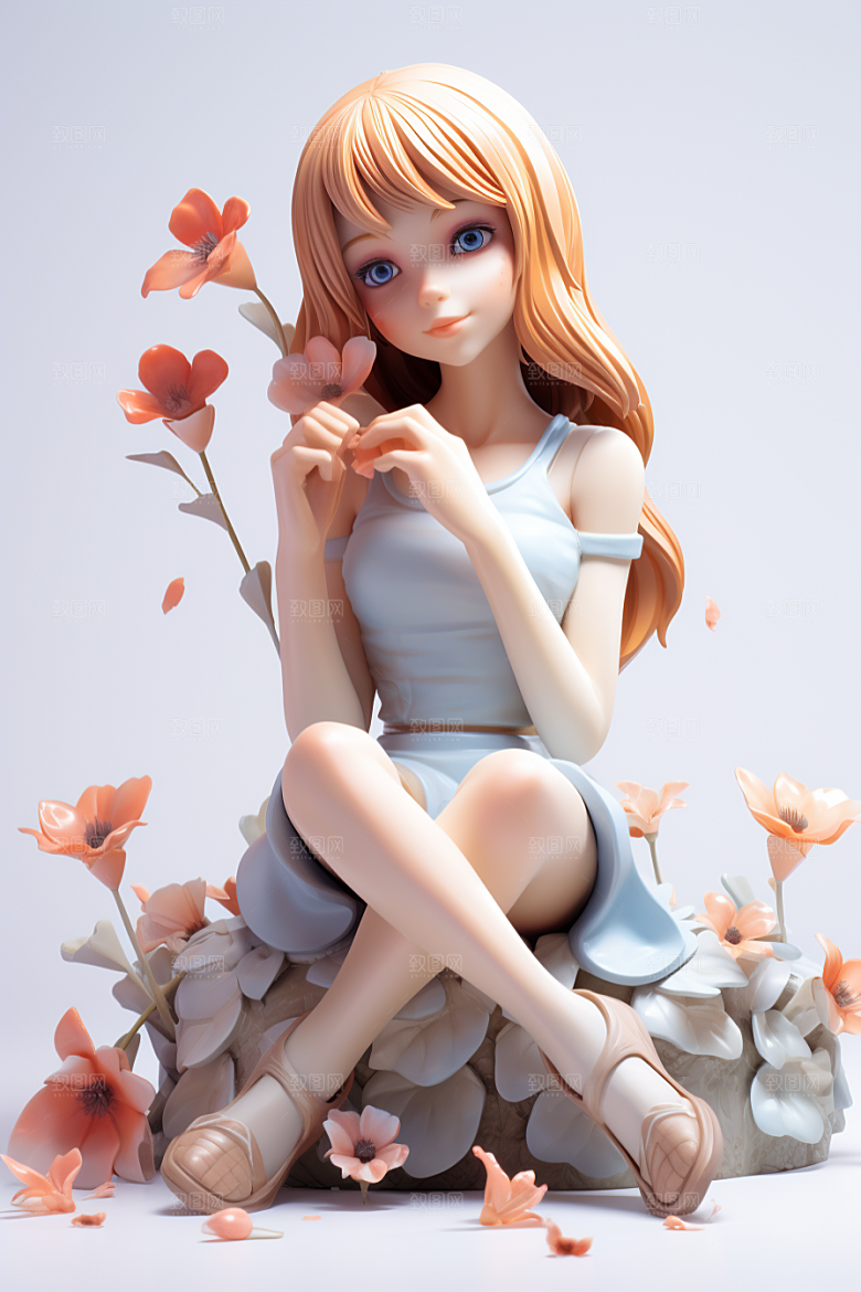 户外赏花小女孩郊游唯美模型