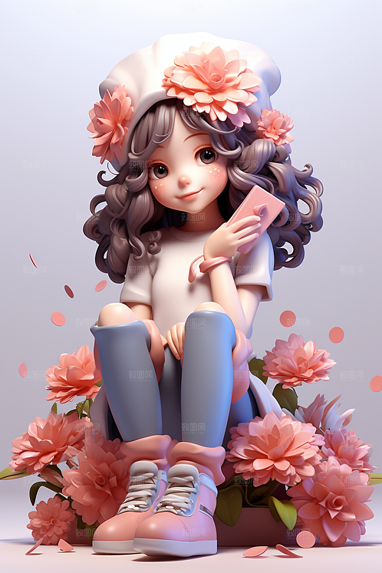 户外赏花小女孩花季春天模型