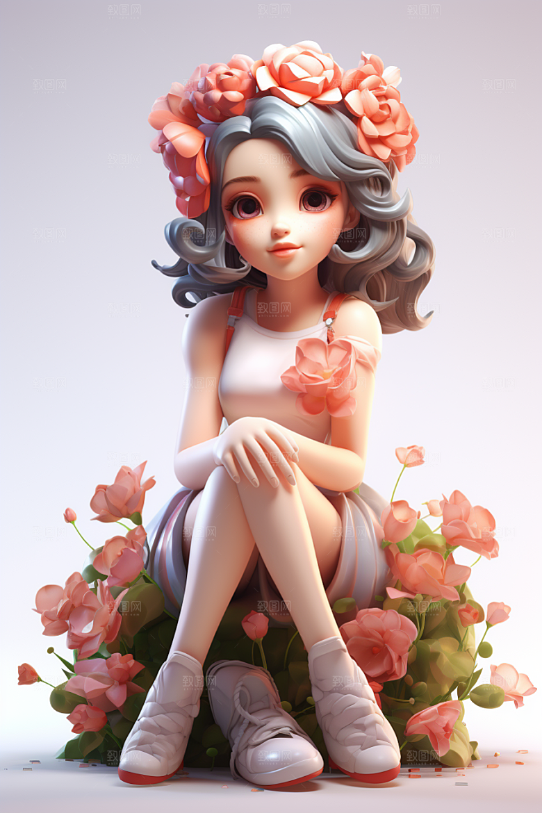 户外赏花小女孩3D花季模型