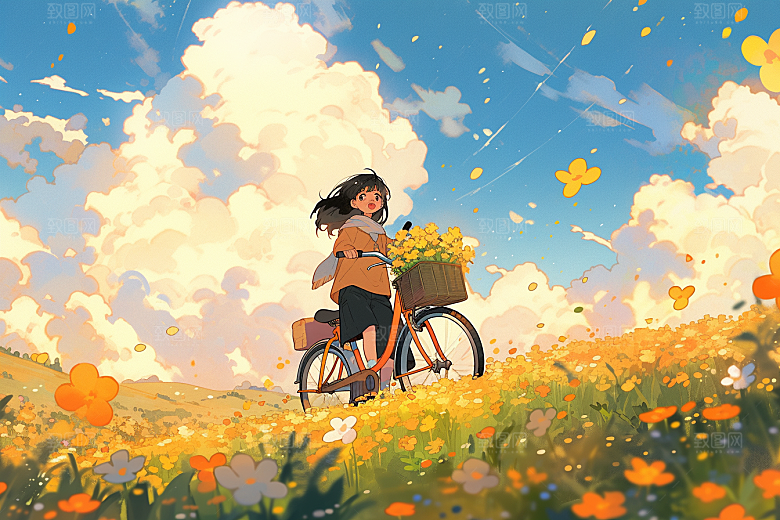 旅途中的风景手绘花草插画
