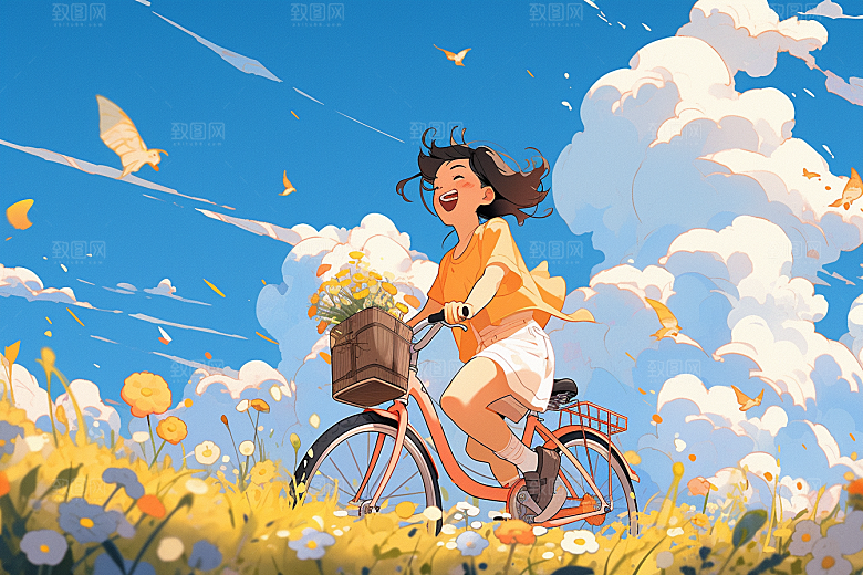 旅途中的风景花草晴朗插画