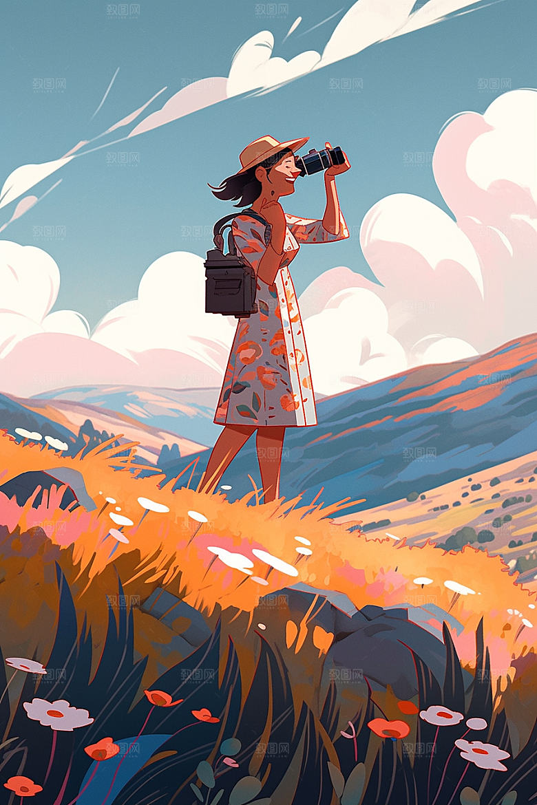 旅途中的风景旅游手绘插画