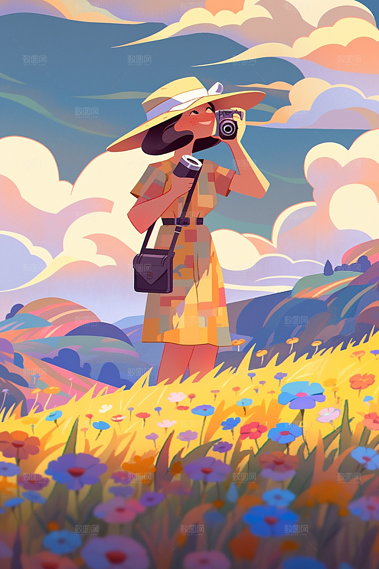 旅途中的风景旅行花草插画