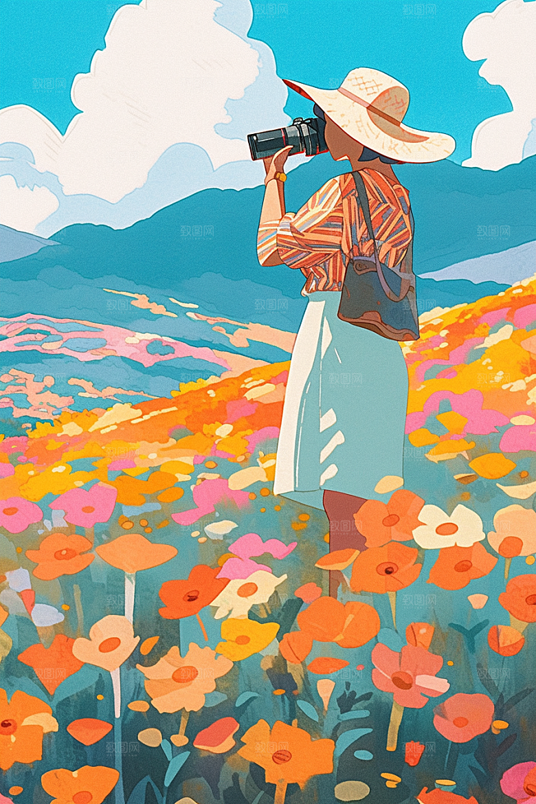 旅途中的风景自然花草插画