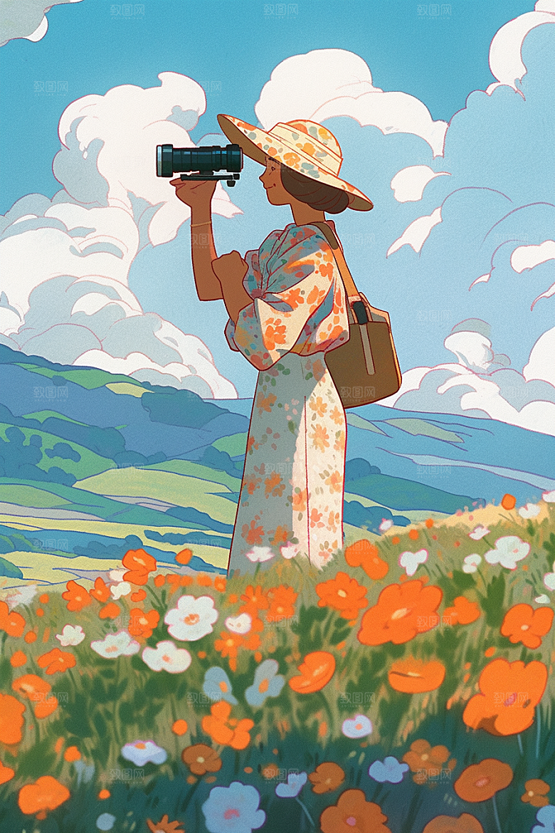 旅途中的风景风光草地插画