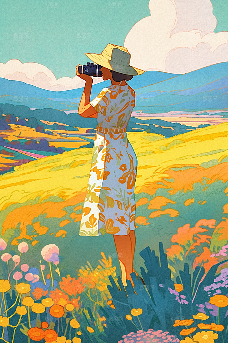 旅途中的风景户外花草插画