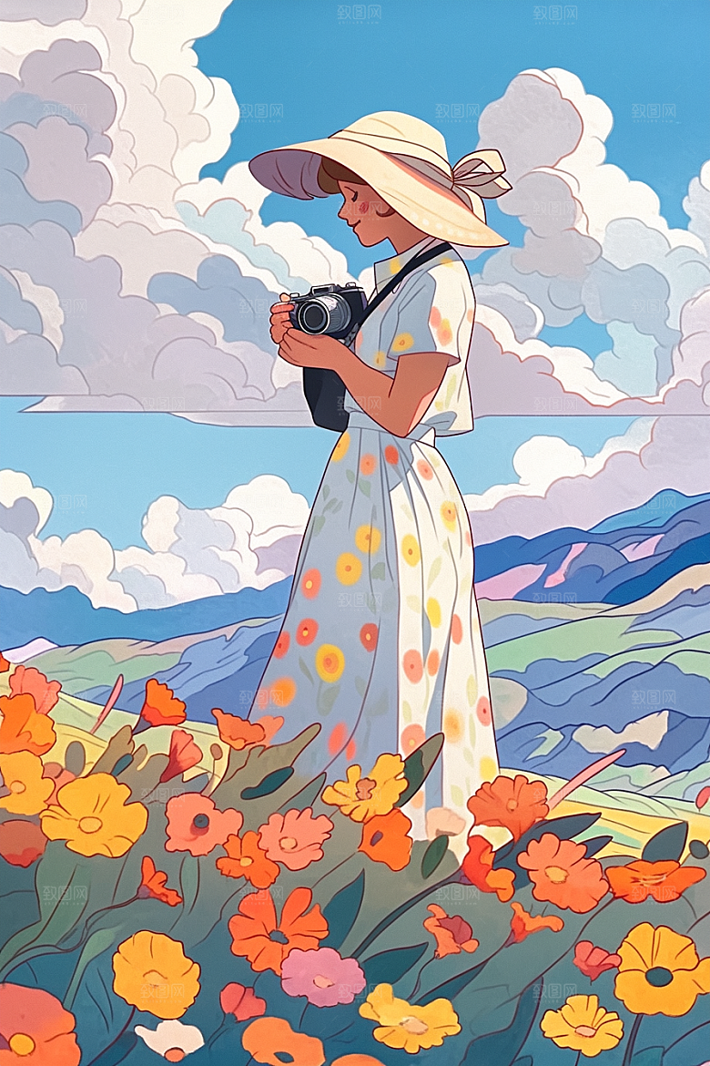 旅途中的风景晴朗出游插画
