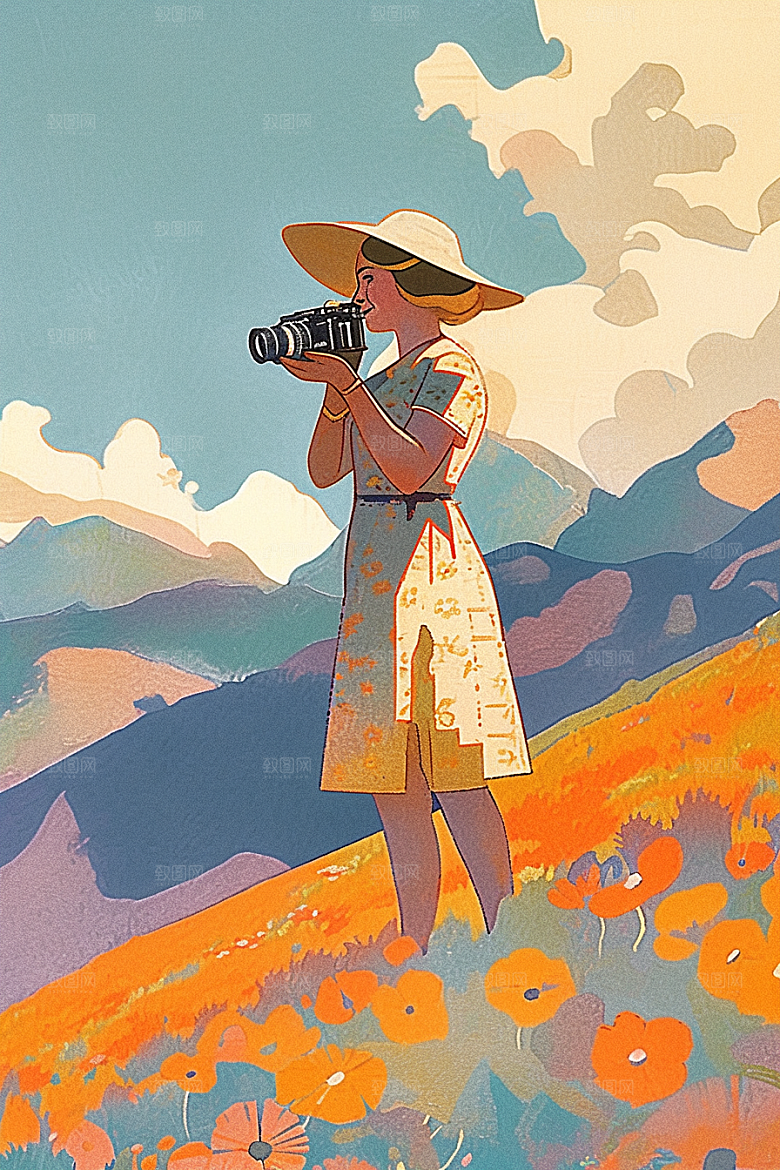 旅途中的风景旅游草地插画