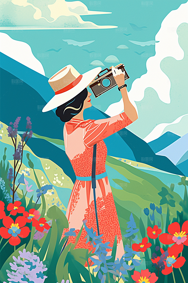 旅途中的风景山野美景插画