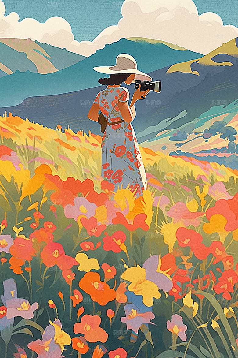 旅途中的风景出游手绘插画