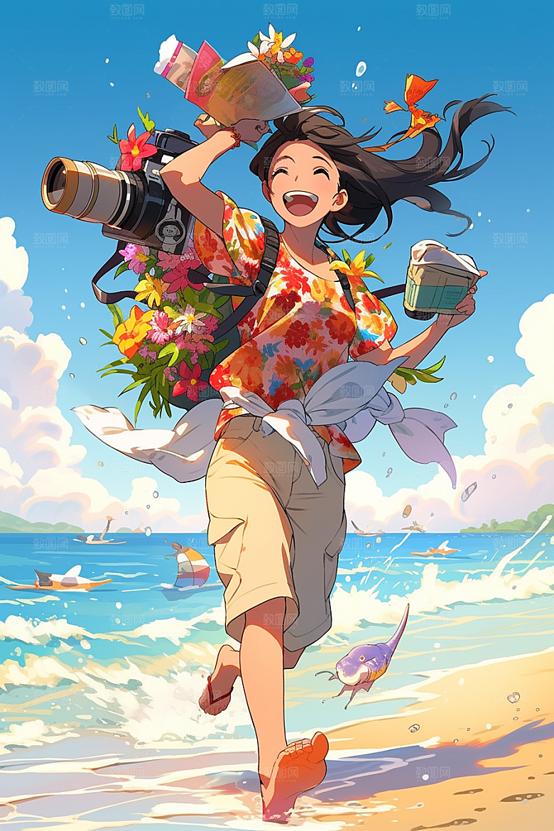 旅途中的风景花草山野插画