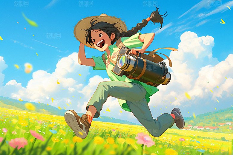 旅途中的风景草地美景插画