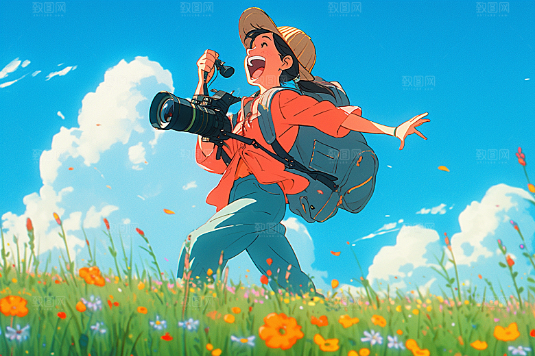旅途中的风景花草旷野插画