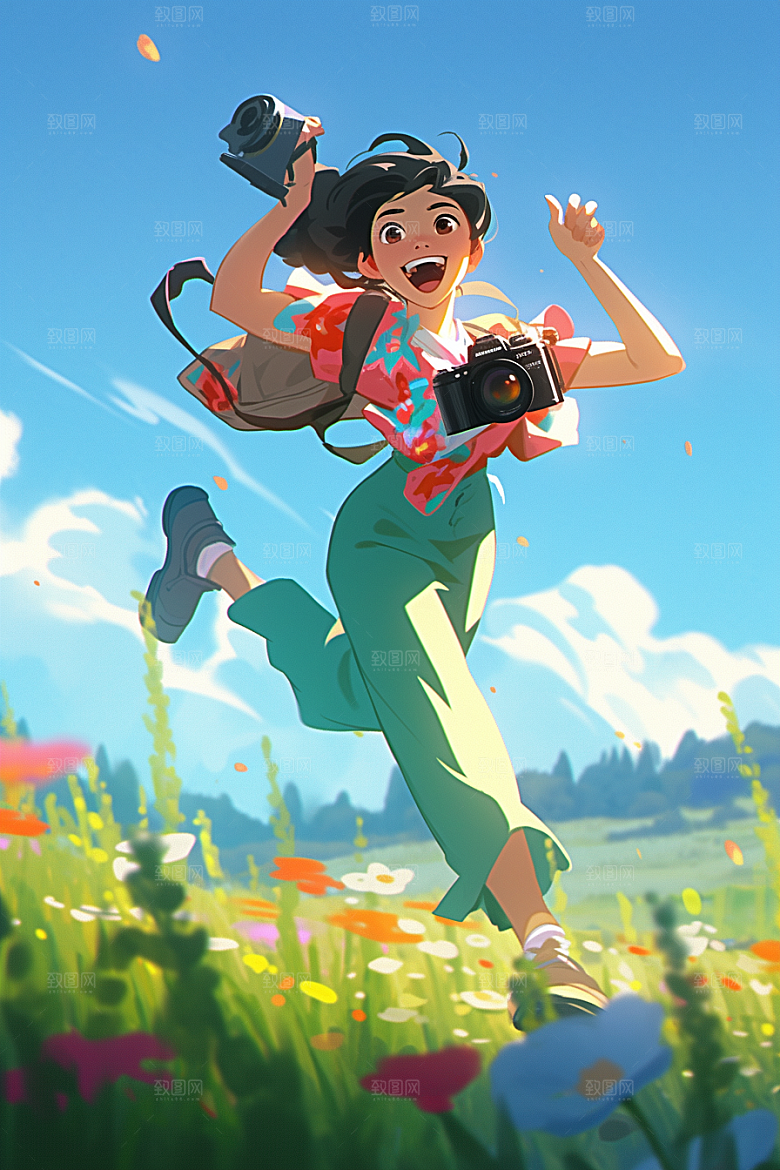 旅途中的风景出游手绘插画