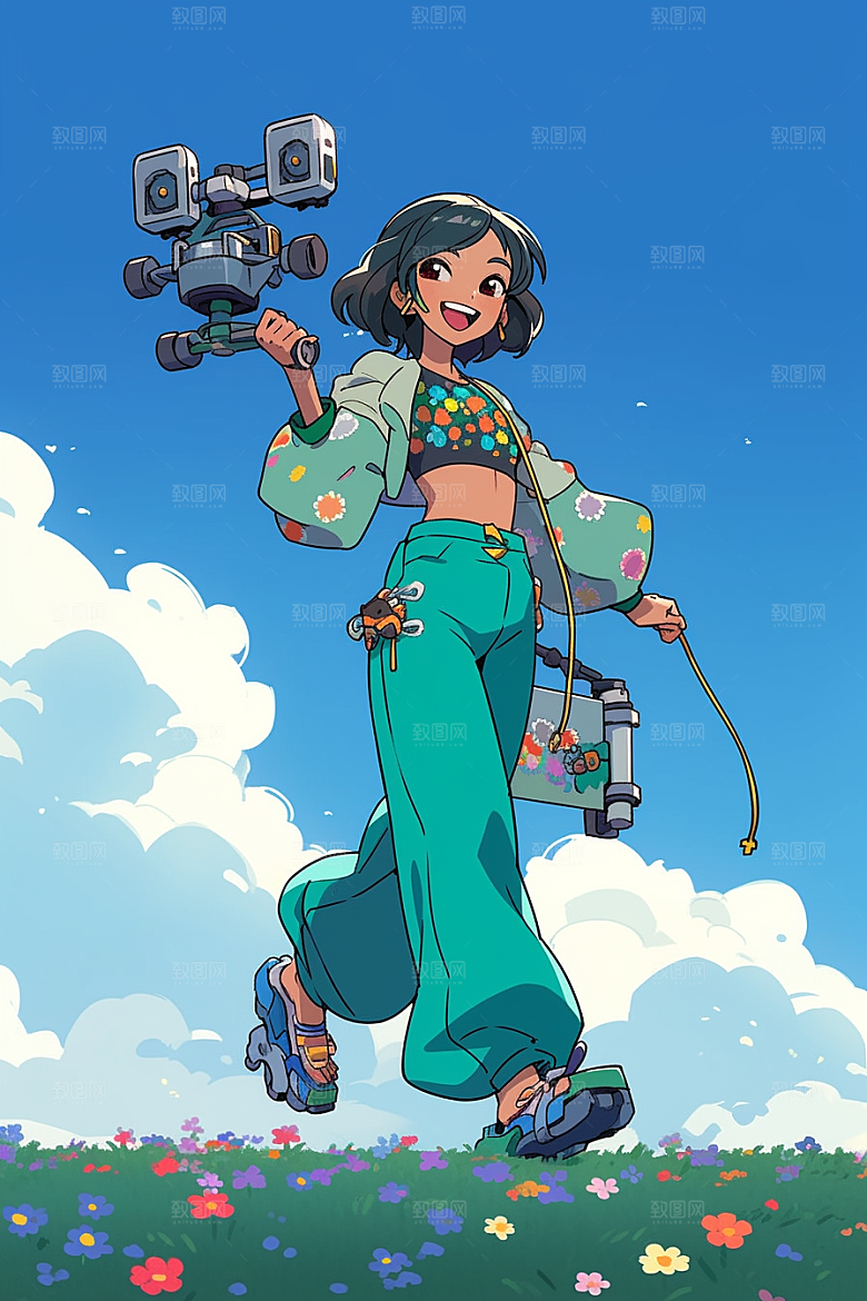 旅途中的风景户外花草插画