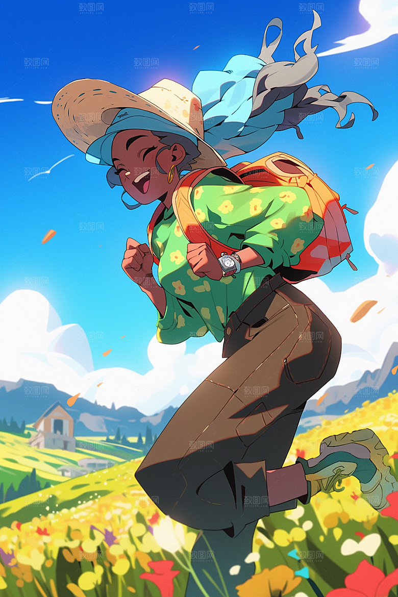 旅途中的风景花草户外插画
