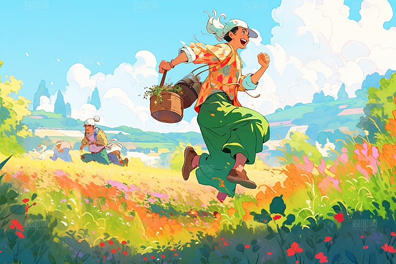 旅途中的风景自然草地插画