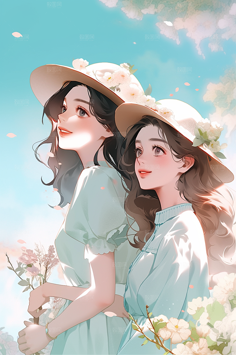 旅途中的风景花草自然插画