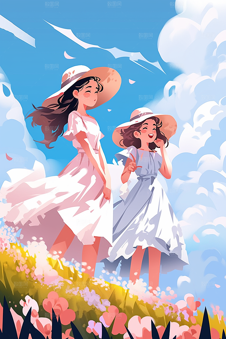 旅途中的风景手绘自然插画