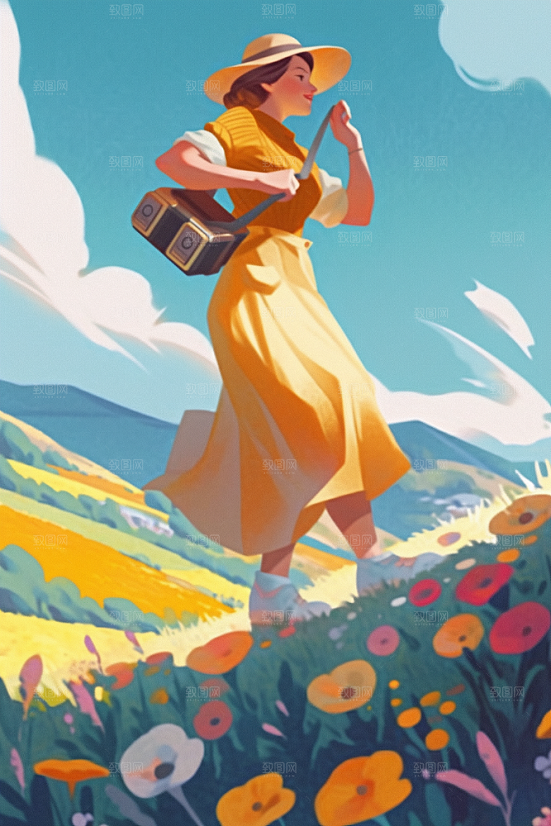 旅途中的风景旅行手绘插画