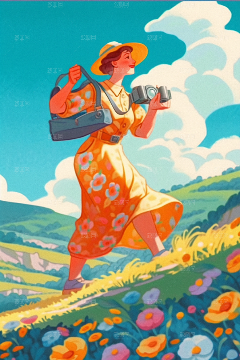旅途中的风景风光花草插画