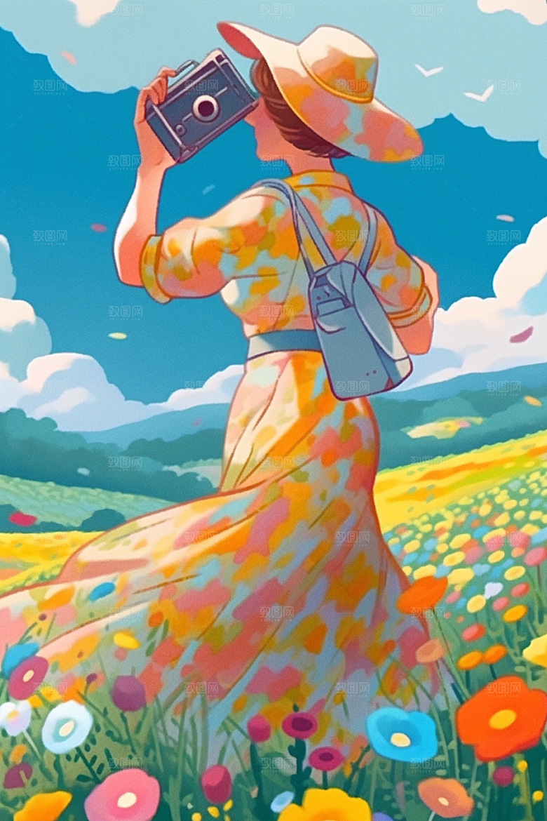 旅途中的风景出游草地插画