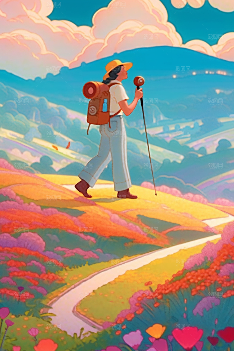 旅途中的风景晴朗旅行插画