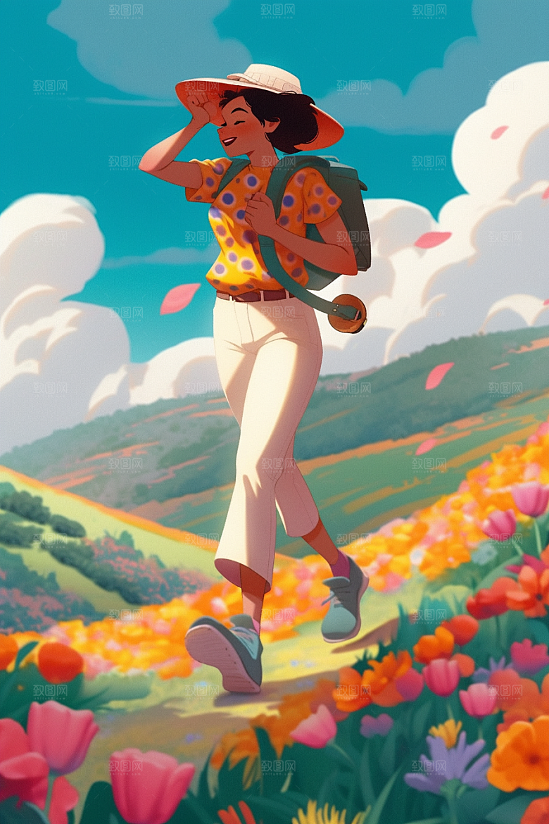 旅途中的风景户外花草插画
