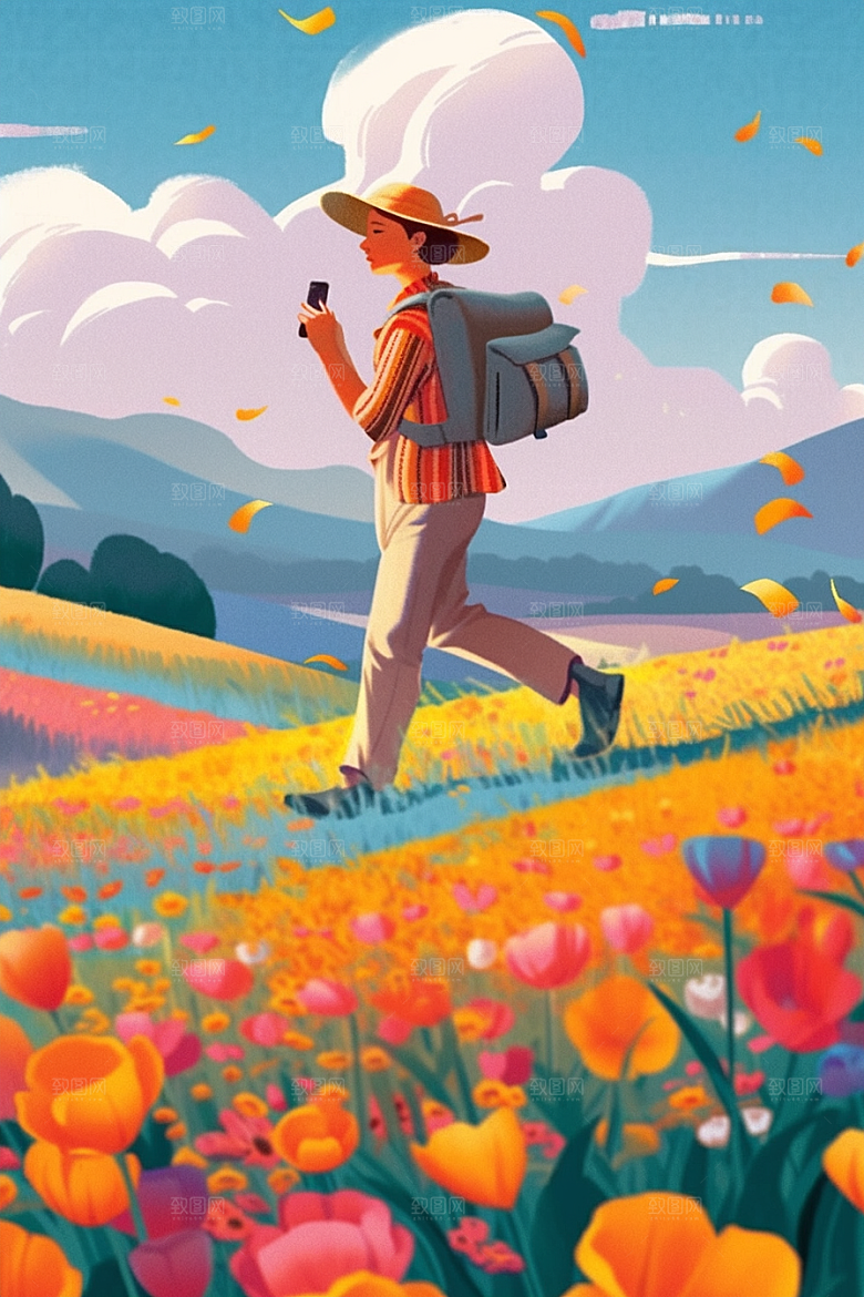 旅途中的风景草地晴朗插画