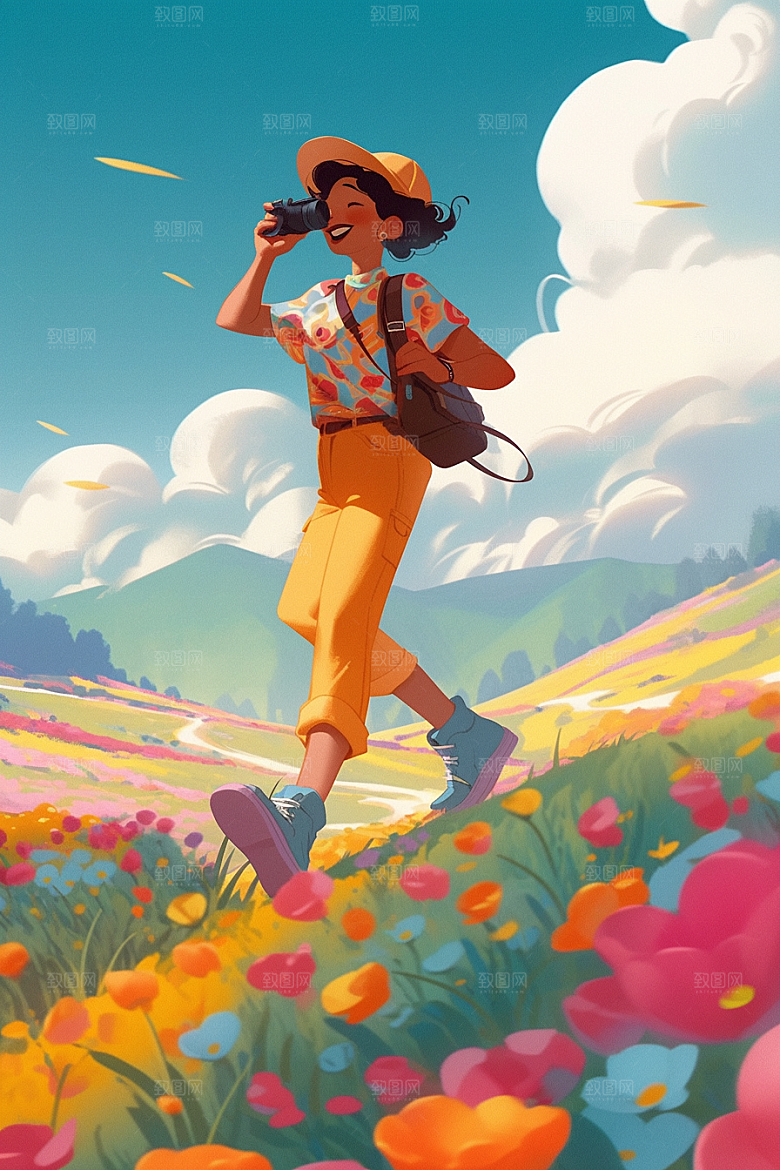 旅途中的风景山野草地插画