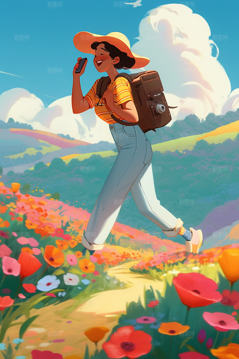 旅途中的风景晴朗花草插画