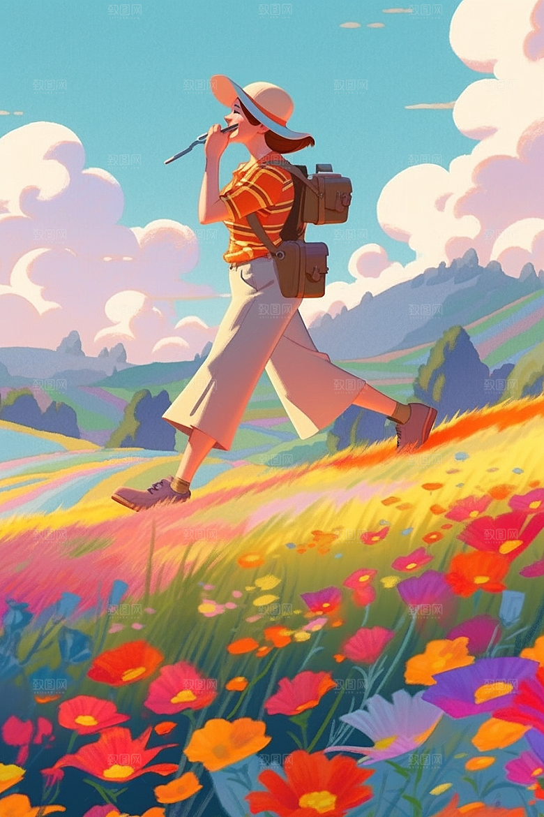 旅途中的风景自然晴朗插画