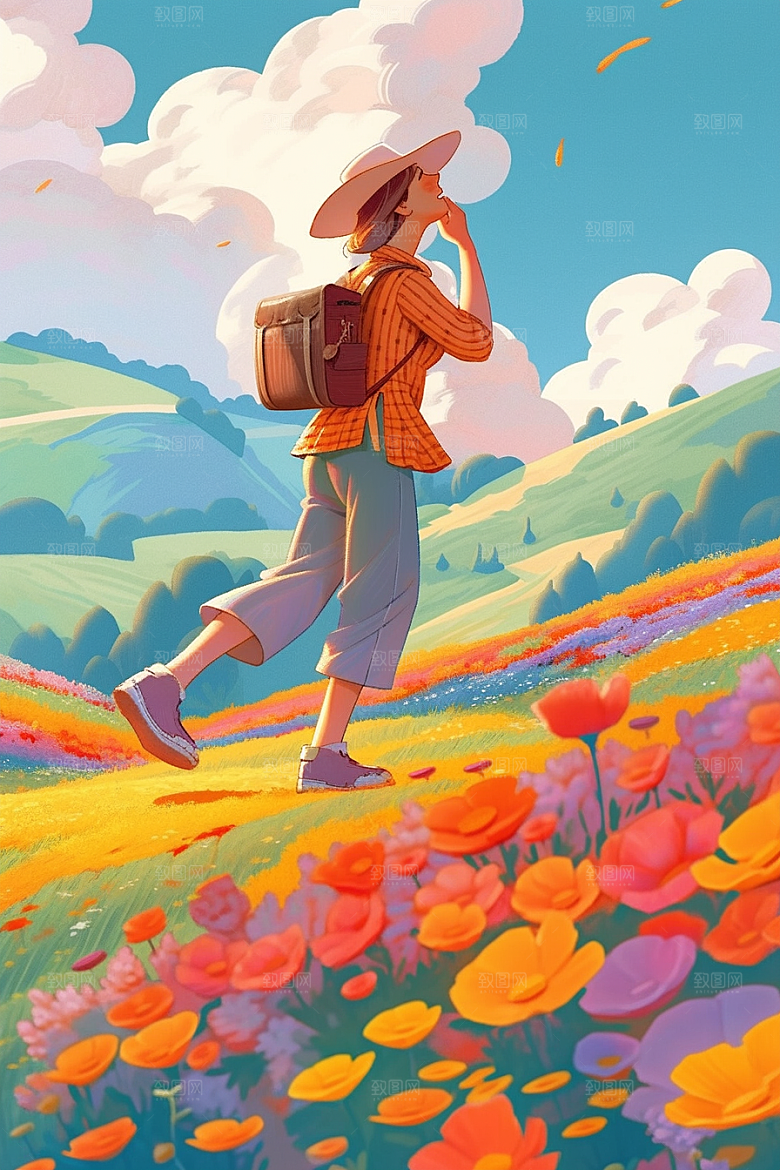 旅途中的风景花草旅游插画