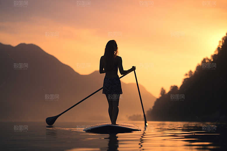 浆板运动湖泊河流划水摄影图