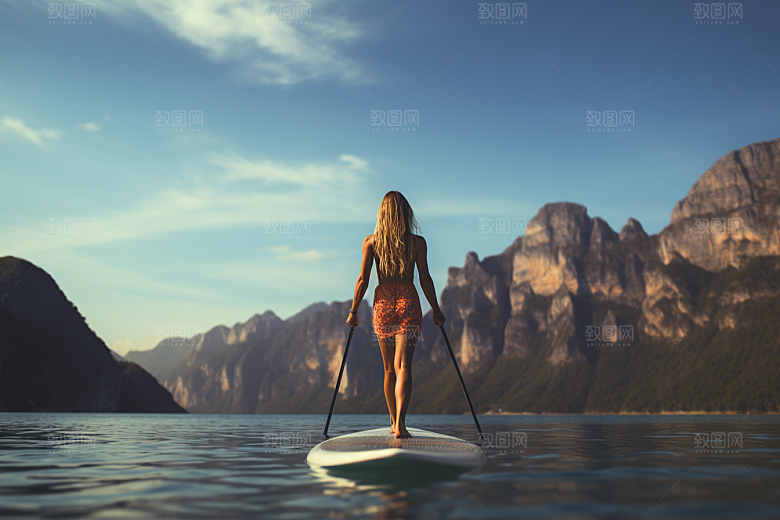 浆板运动野外湖泊河流摄影图