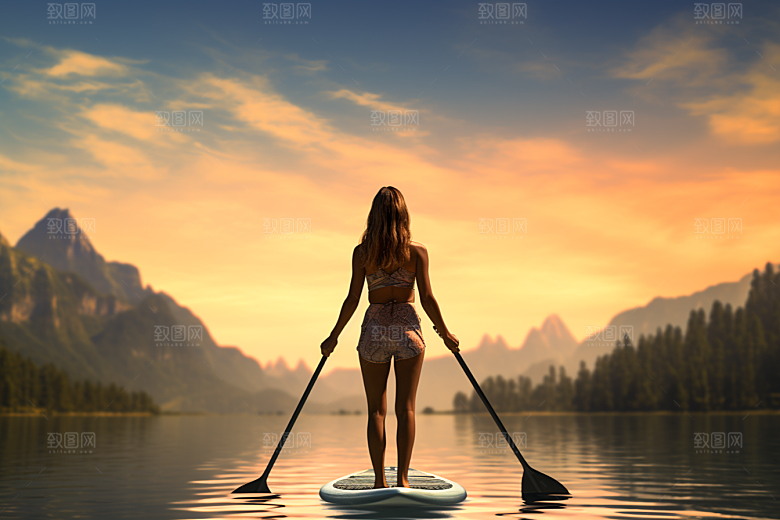 浆板运动湖泊河流划水摄影图