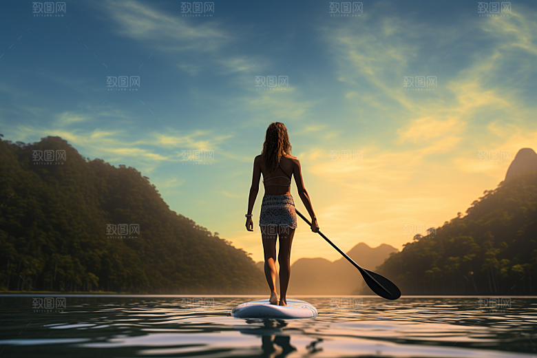 浆板运动水上运动湖泊河流摄影图